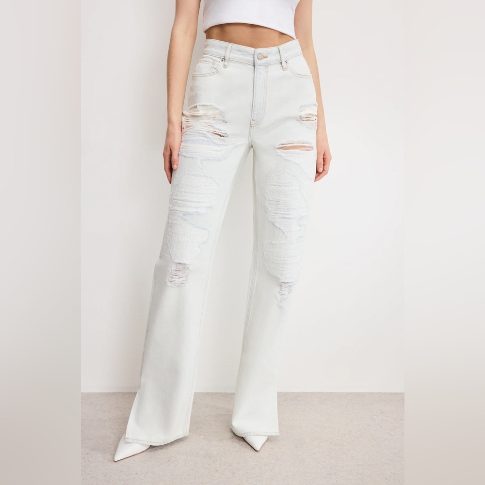 Good American Distressed Wide-Leg Jeans in Light Wash White